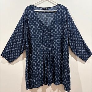 Plus Size Boho Tunic Top 3X Navy Floral Rayon Fall Layering Workwear
